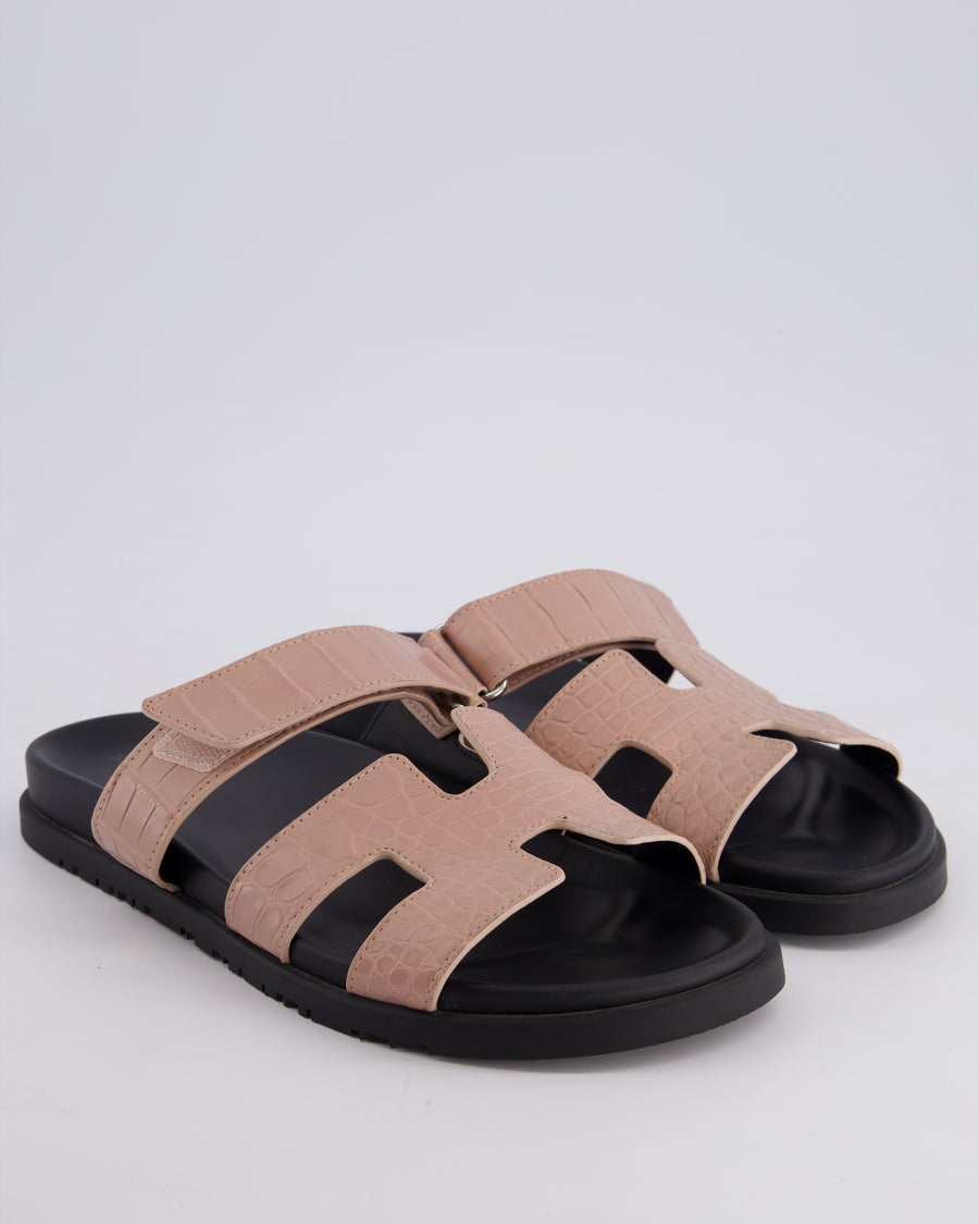 Hermès Rose Porecelaine Crocodile Leather Chypre Sandals Size EU 41