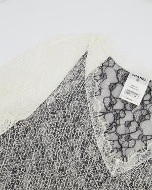 Chanel White and Black Lace Short Sleeve Top with Black CC Logo Detail Size FR 38 (UK 10)