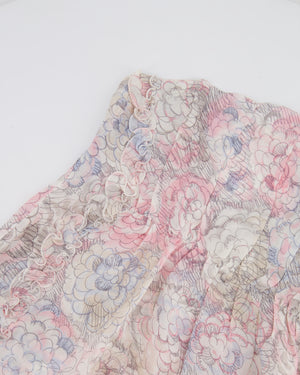 Chanel Cruise 2010 White and Pink Silk Floral Sleeveless Mini Dress with Ruffle and Camelia Details Size FR 38 (UK 10)