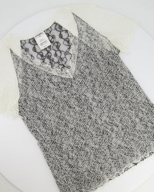 Chanel White and Black Lace Short Sleeve Top with Black CC Logo Detail Size FR 38 (UK 10)