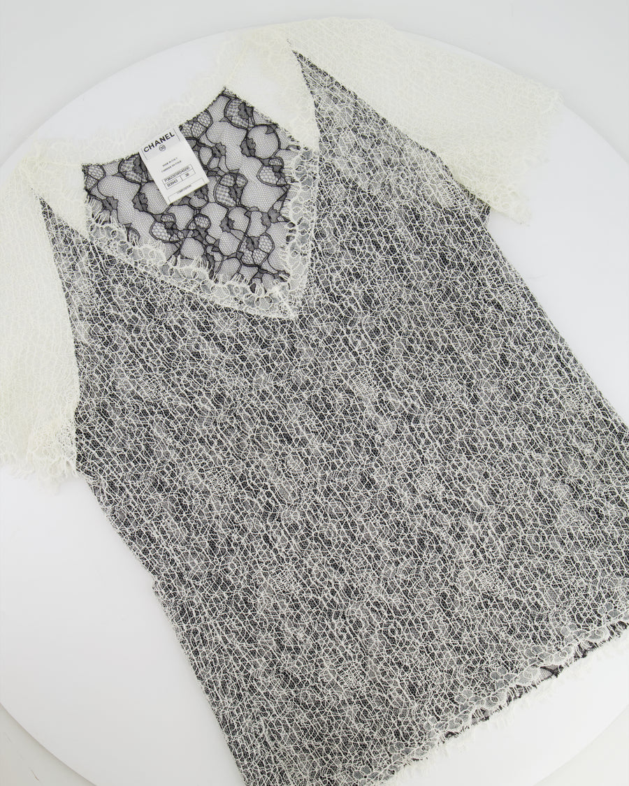 Chanel White and Black Lace Short Sleeve Top with Black CC Logo Detail Size FR 38 (UK 10)