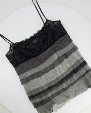 Chanel 05A Black Lace and Silk Grey Caraco Lingerie Ruffle Top with Black CC Logo Detail Size FR 38 (UK 10)