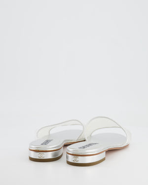 Chanel Silver Sequin Leather Mules with Silver CC Logo Detail Size 40
