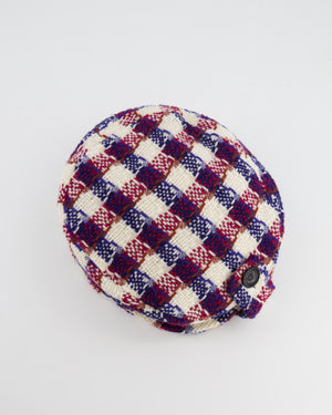 Chanel White, Blue and Red Checked Tweed Beret Hat with Black CC Button Detail Size L