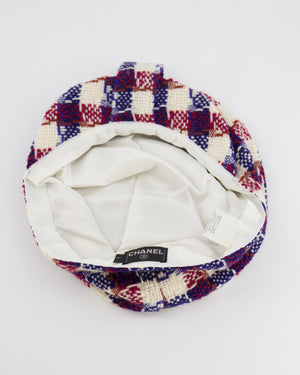 Chanel White, Blue and Red Checked Tweed Beret Hat with Black CC Button Detail Size L