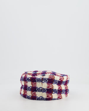 Chanel White, Blue and Red Checked Tweed Beret Hat with Black CC Button Detail Size L