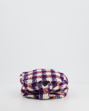 Chanel White, Blue and Red Checked Tweed Beret Hat with Black CC Button Detail Size L