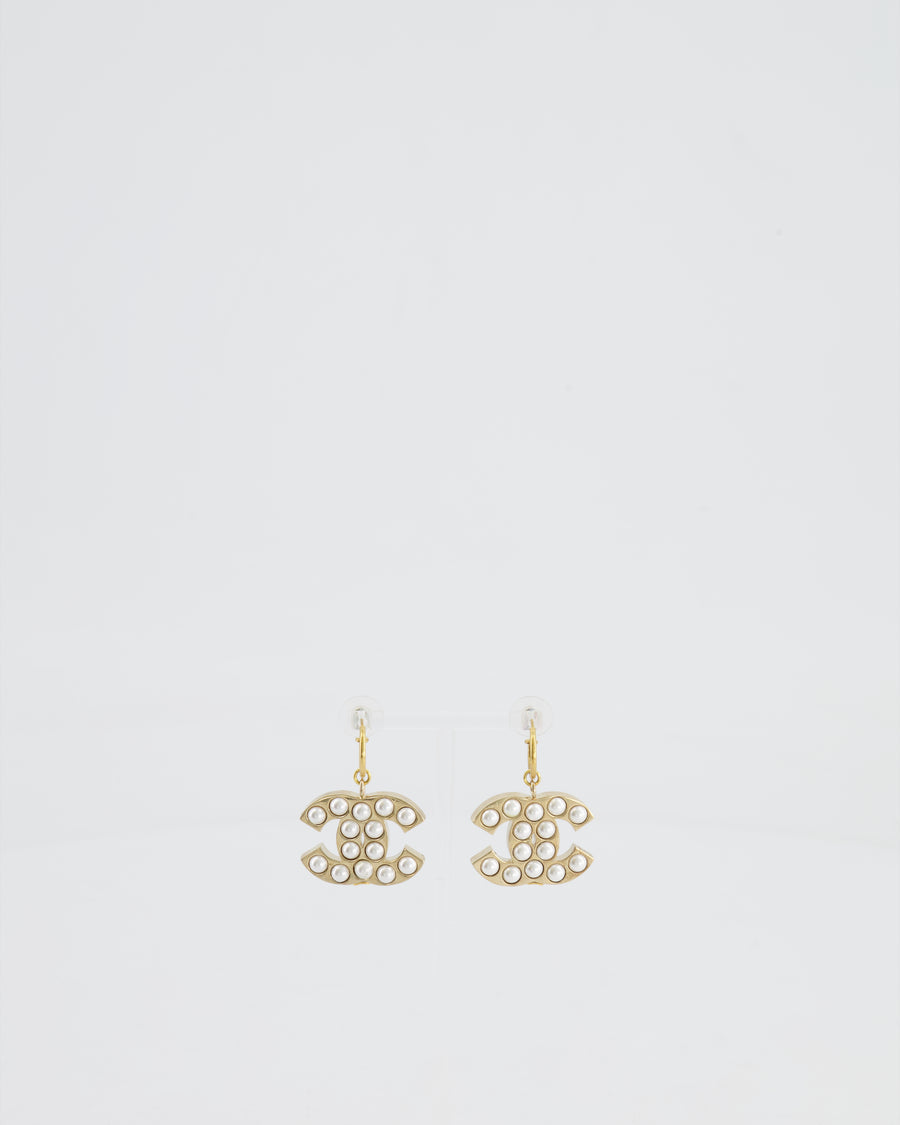 Chanel Gold and Pearl CC Logo Drop Earrings