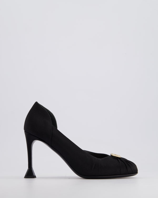 Chanel Black Satin Round Toe Heels with Crystal CC Logo Size 37.5C