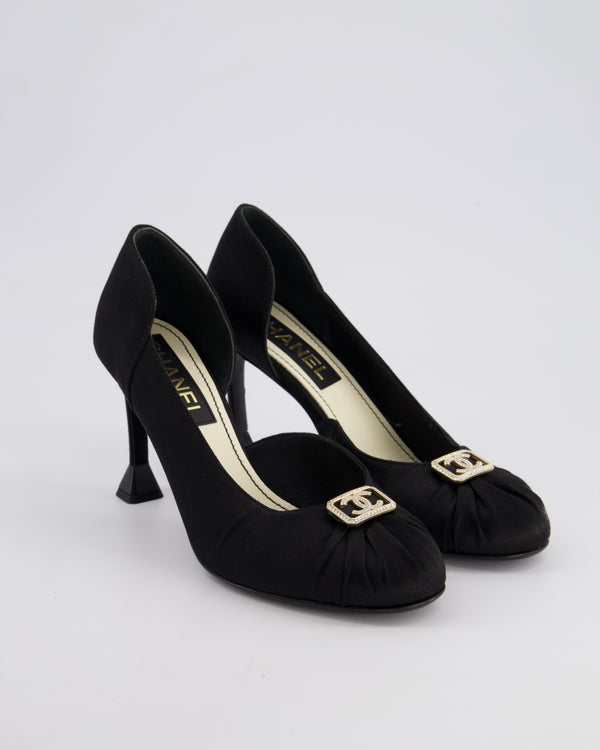 Chanel Black Satin Round Toe Heels with Crystal CC Logo Size 37.5C