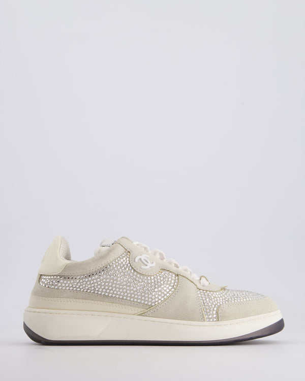 Chanel White, Grey Suede and Crystal Trainers with CC Logo Size EU 37