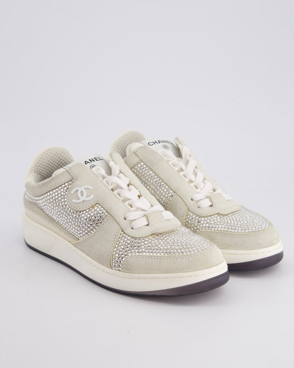 Chanel White, Grey Suede and Crystal Trainers with CC Logo Size EU 37