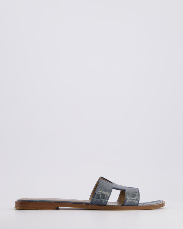 Hermès in Gris Elephant Shiny Alligator Oran Sandals Size EU 37.5