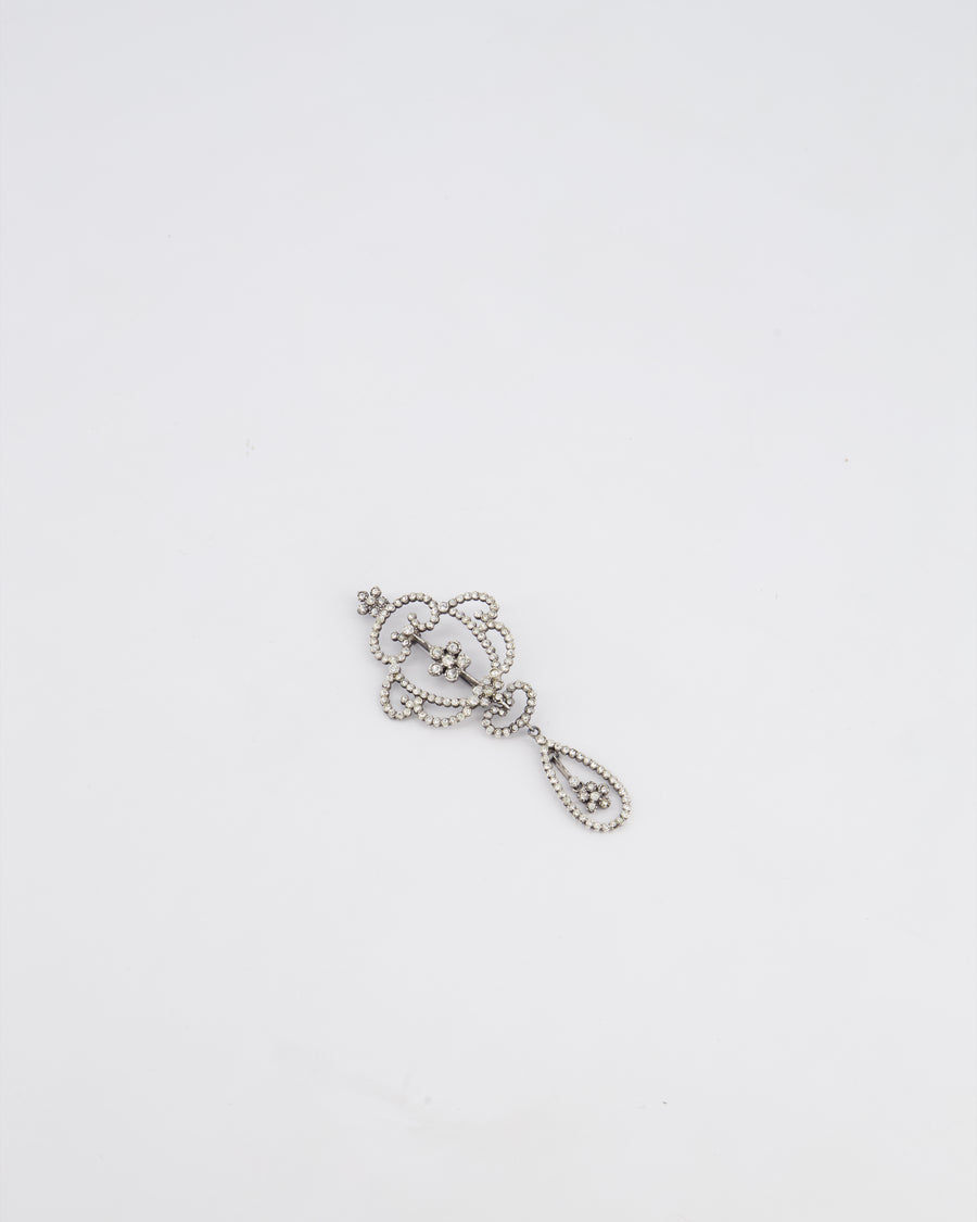 Christian Dior Vintage Silver and Crystal Brooch With Floral Crystal Detail