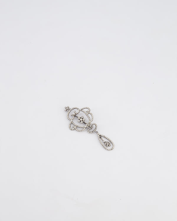 Christian Dior Vintage Silver and Crystal Brooch With Floral Crystal Detail