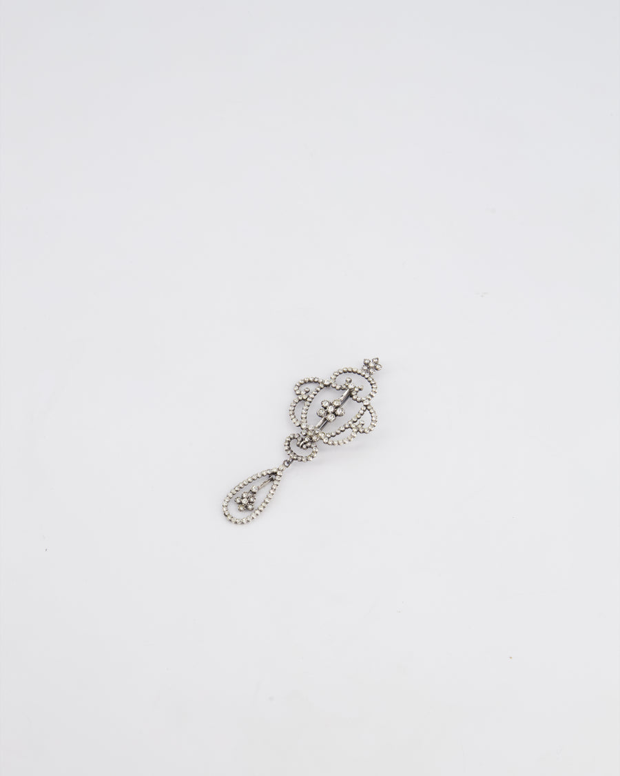 Christian Dior Vintage Silver and Crystal Brooch With Floral Crystal Detail