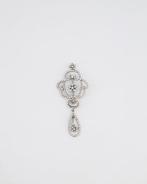 Christian Dior Vintage Silver and Crystal Brooch With Floral Crystal Detail
