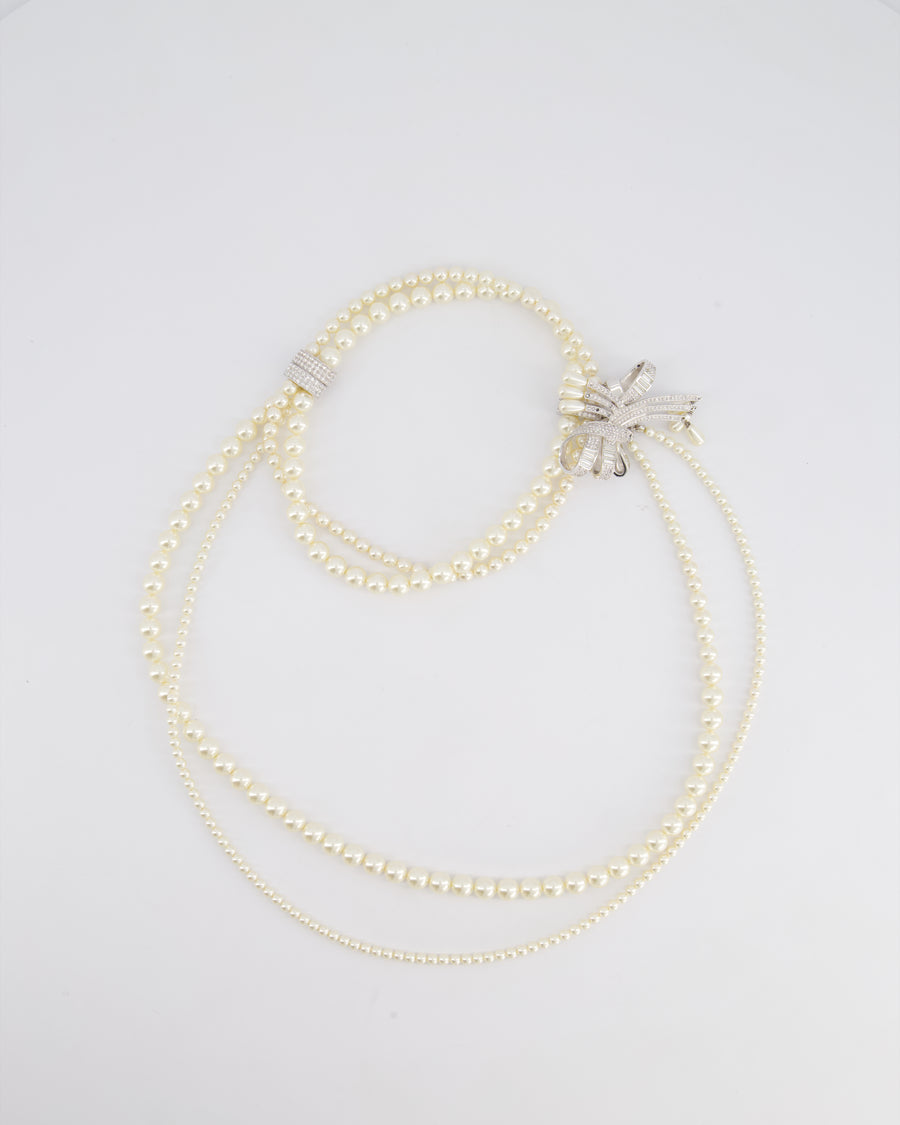Christian Dior Vintage Layered Pearl Necklace With Crystal Bow Detail