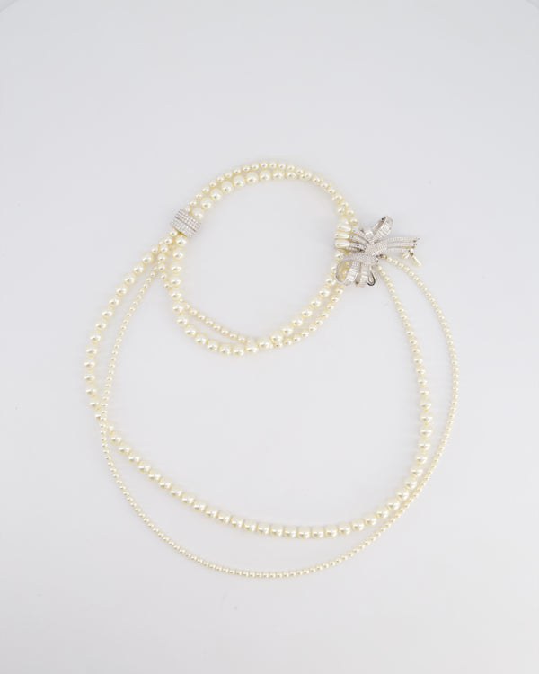 Christian Dior Vintage Layered Pearl Necklace With Crystal Bow Detail