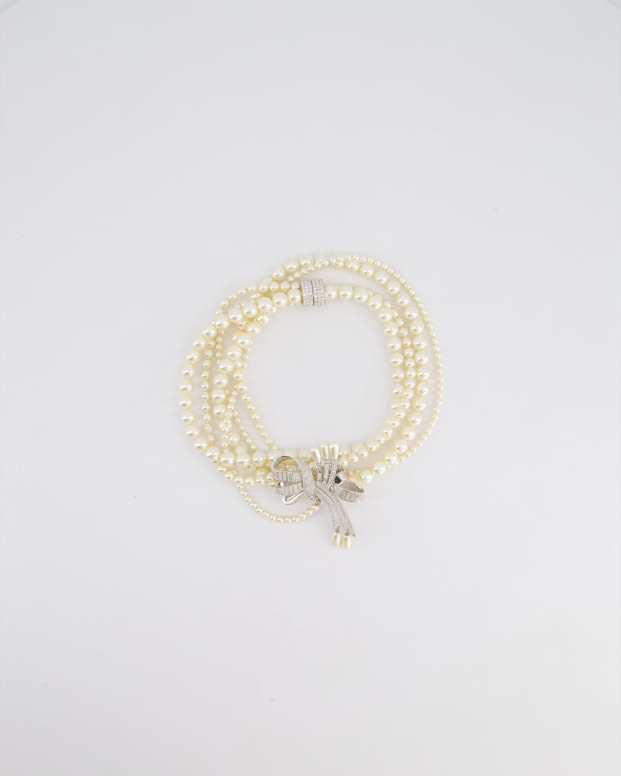 Christian Dior Vintage Layered Pearl Necklace With Crystal Bow Detail