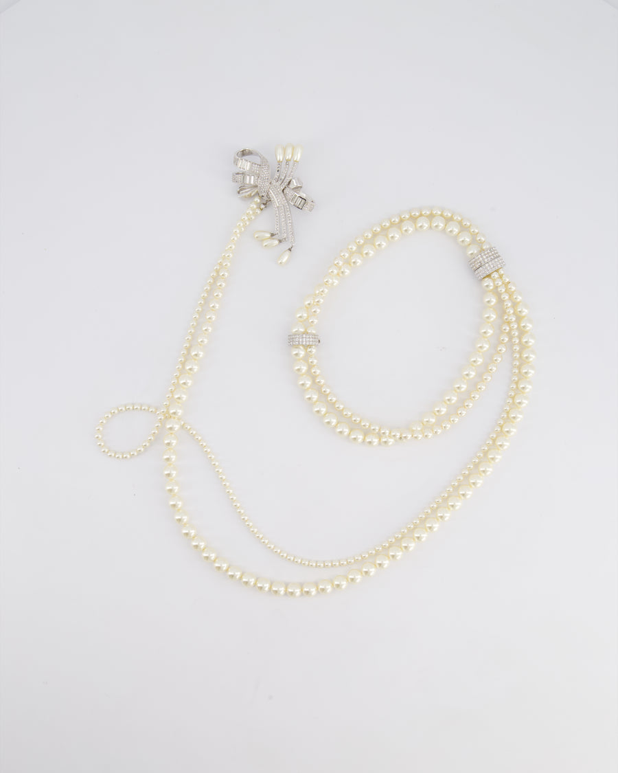 Christian Dior Vintage Layered Pearl Necklace With Crystal Bow Detail