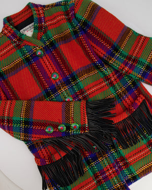 Saint Laurent 80's Vintage Multicolour Tartan Wool Jacket with Black Fringe and Button Details Size FR 34 (UK 6)