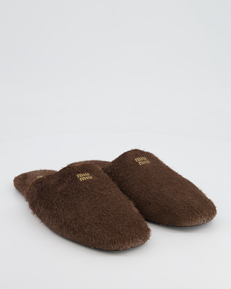 Miu Miu Brown Suede Slippers with Logo Detail Size EU 36 RRP £750