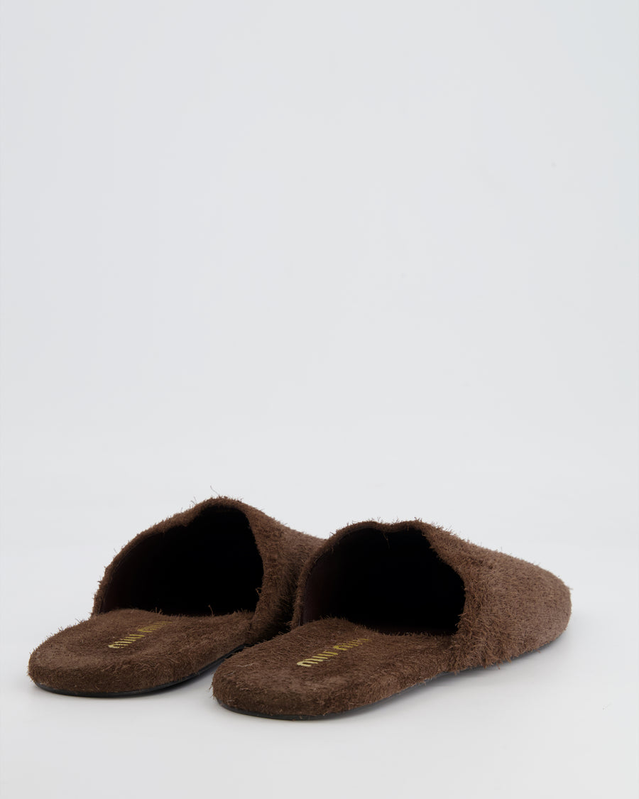 Miu Miu Brown Suede Slippers with Logo Detail Size EU 36 RRP £750