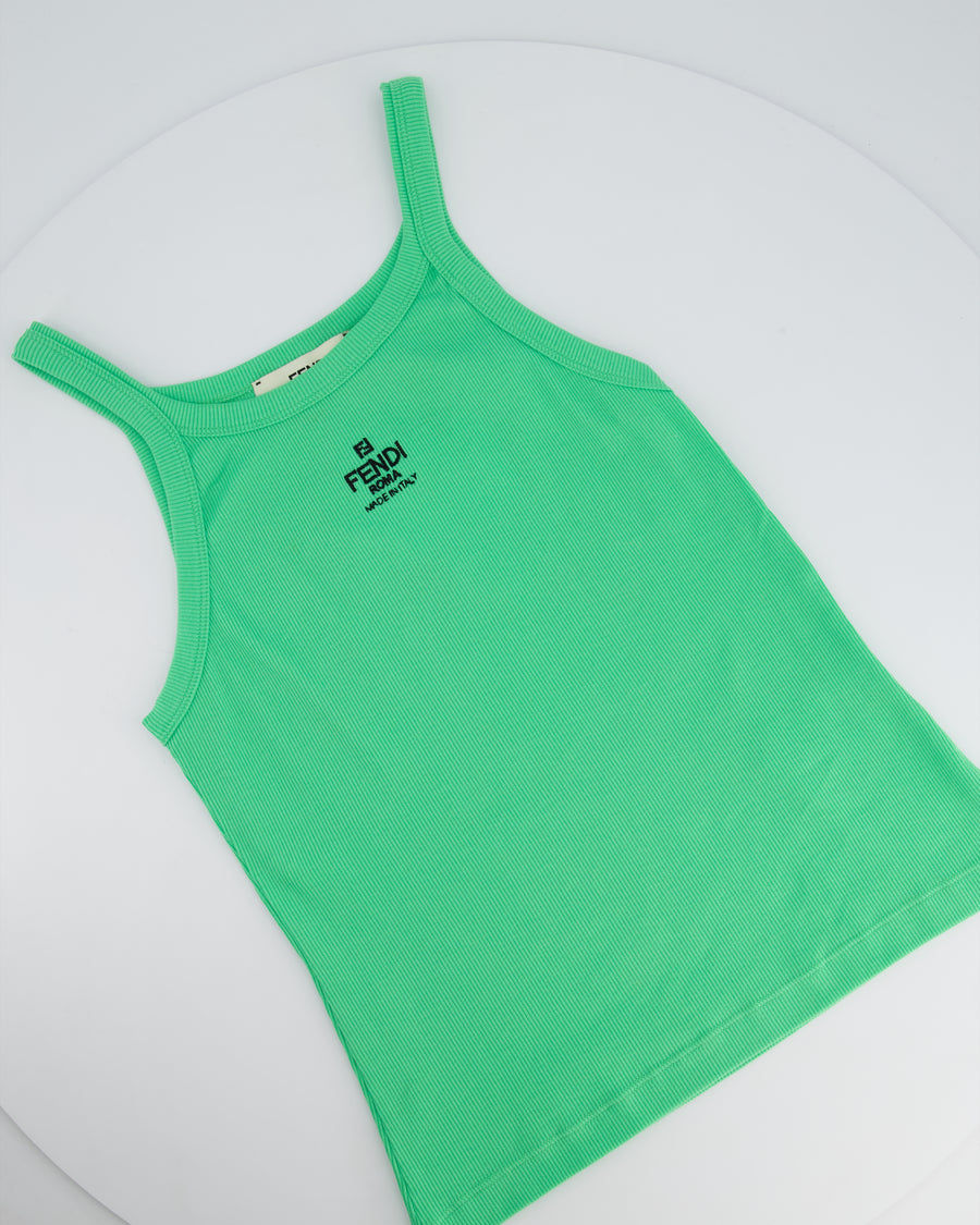 Fendi Green Ribbed Vest Top With Black Logo Embroidery Size Medium (UK 10)