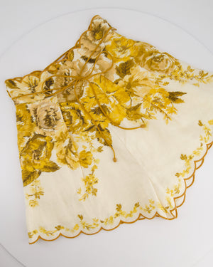Zimmermann Cream, Brown and Yellow Antique Floral High-Waisted Linen Shorts Size 0 (UK 8)