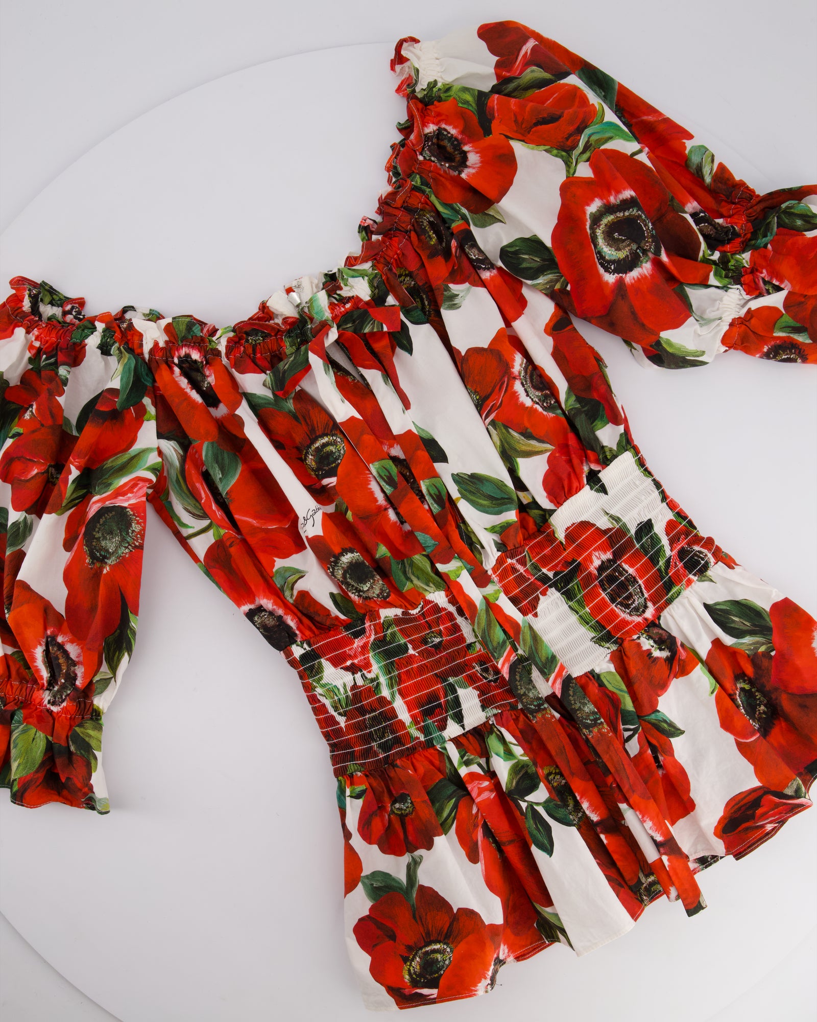 Dolce & Gabbana Red Mid Sleeve Floral Top with Ruched Waist