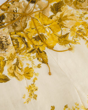 Zimmermann Cream, Brown and Yellow Antique Floral High-Waisted Linen Shorts Size 0 (UK 8)