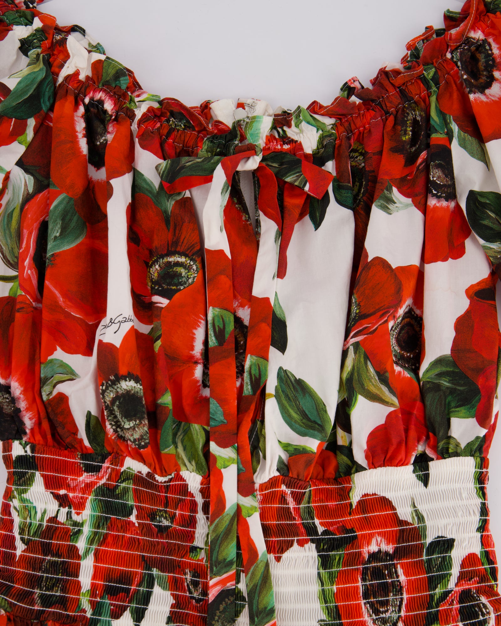 Dolce & Gabbana Red Mid Sleeve Floral Top with Ruched Waist