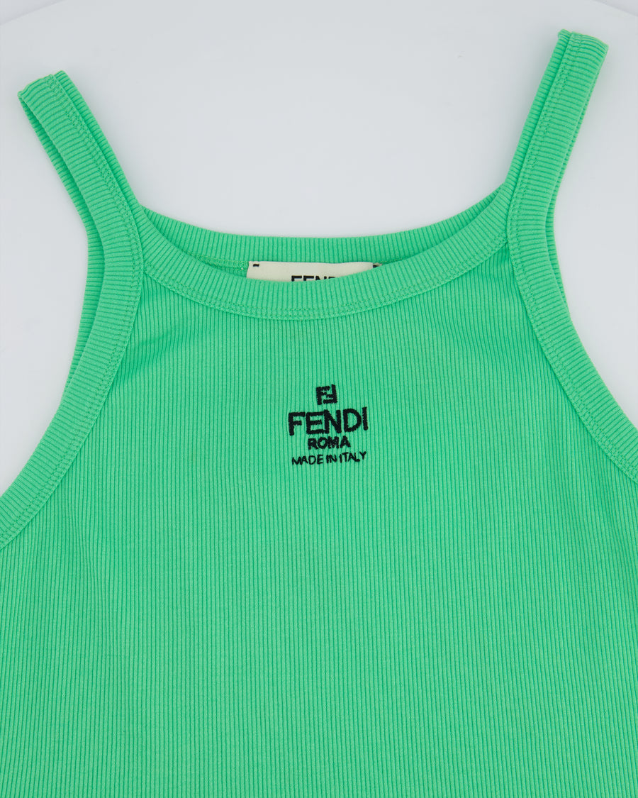 Fendi Green Ribbed Vest Top With Black Logo Embroidery Size Medium (UK 10)