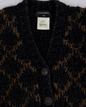 Chanel Black and Brown Quilted Mohair Cardigan with Silver Threads and Black Chain Button Details Size FR 34 (UK 6)