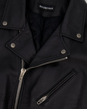 Balenciaga Black Leather Biker Jacket with Logo and Buckle Details Size IT 46 (UK 14) RRP £5,000