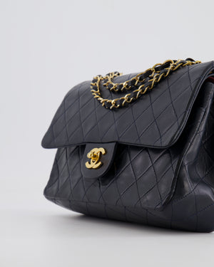 Chanel Vintage Navy Medium Classic Double Flap Bag in Lambskin Leather with 24K Gold Hardware