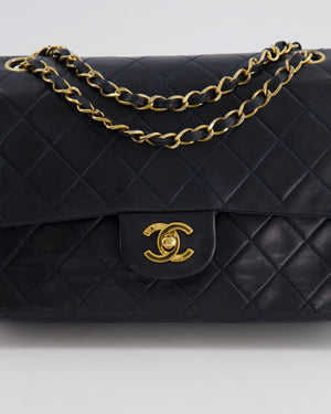Chanel Vintage Navy Medium Classic Double Flap Bag in Lambskin Leather with 24K Gold Hardware