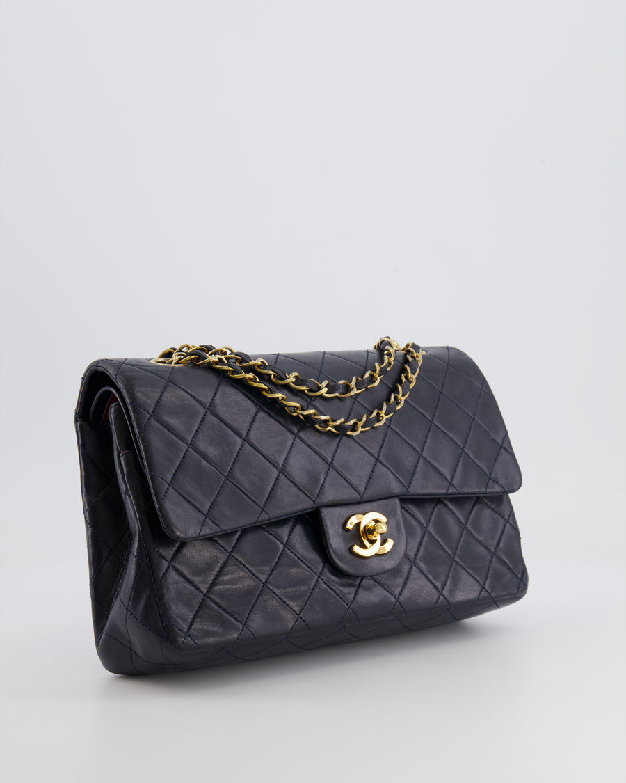 Chanel Vintage Navy Medium Classic Double Flap Bag in Lambskin Leather with 24K Gold Hardware