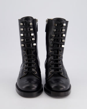 Chanel Black CC Lace Up Calfskin Combat Boots Size EU 36