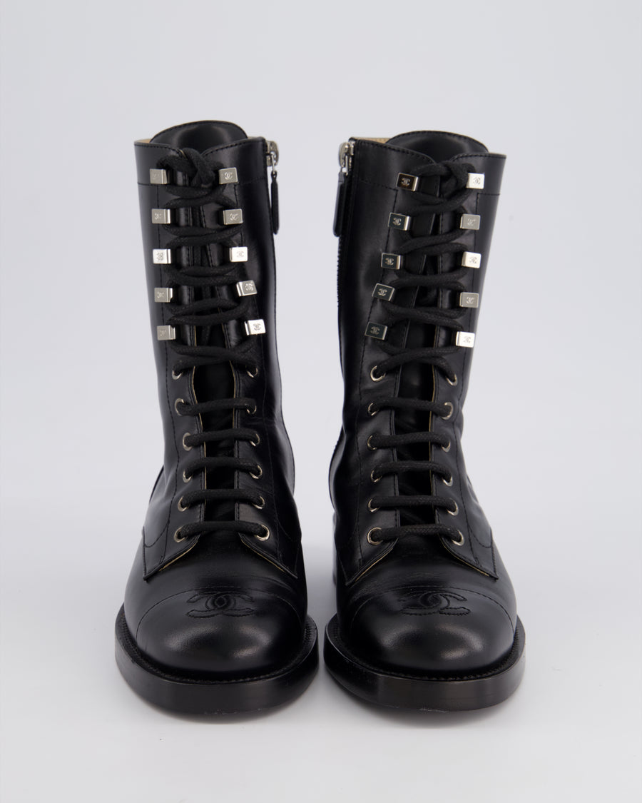 Chanel Black CC Lace Up Calfskin Combat Boots Size EU 36