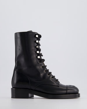 Chanel Black CC Lace Up Calfskin Combat Boots Size EU 36