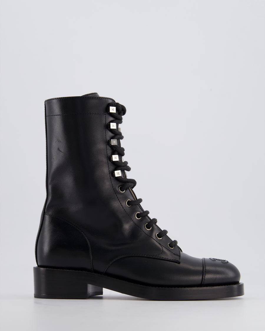 Chanel Black CC Lace Up Calfskin Combat Boots Size EU 36