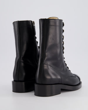 Chanel Black CC Lace Up Calfskin Combat Boots Size EU 36