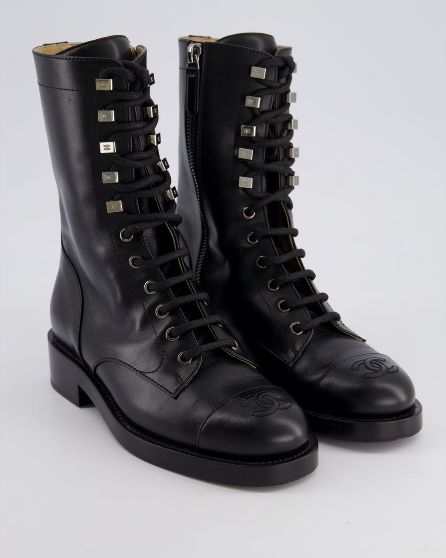 Chanel Black CC Lace Up Calfskin Combat Boots Size EU 36