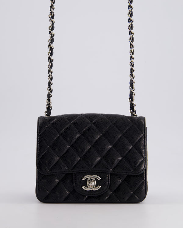 Chanel Black Mini Square Single Flap Bag in Caviar Lambskin Leather and Silver Hardware