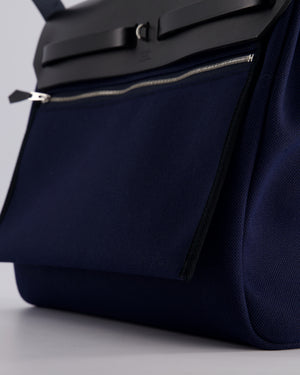 Hermès Herbag 39 Messanger in Bleu Marine Canvas and Noir Leather with Palladium Hardware