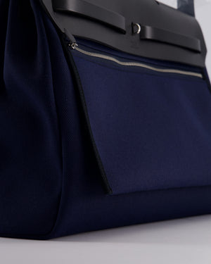 Hermès Herbag 39 Messanger in Bleu Marine Canvas and Noir Leather with Palladium Hardware