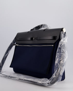 Hermès Herbag 39 Messanger in Bleu Marine Canvas and Noir Leather with Palladium Hardware