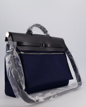 Hermès Herbag 39 Messanger in Bleu Marine Canvas and Noir Leather with Palladium Hardware
